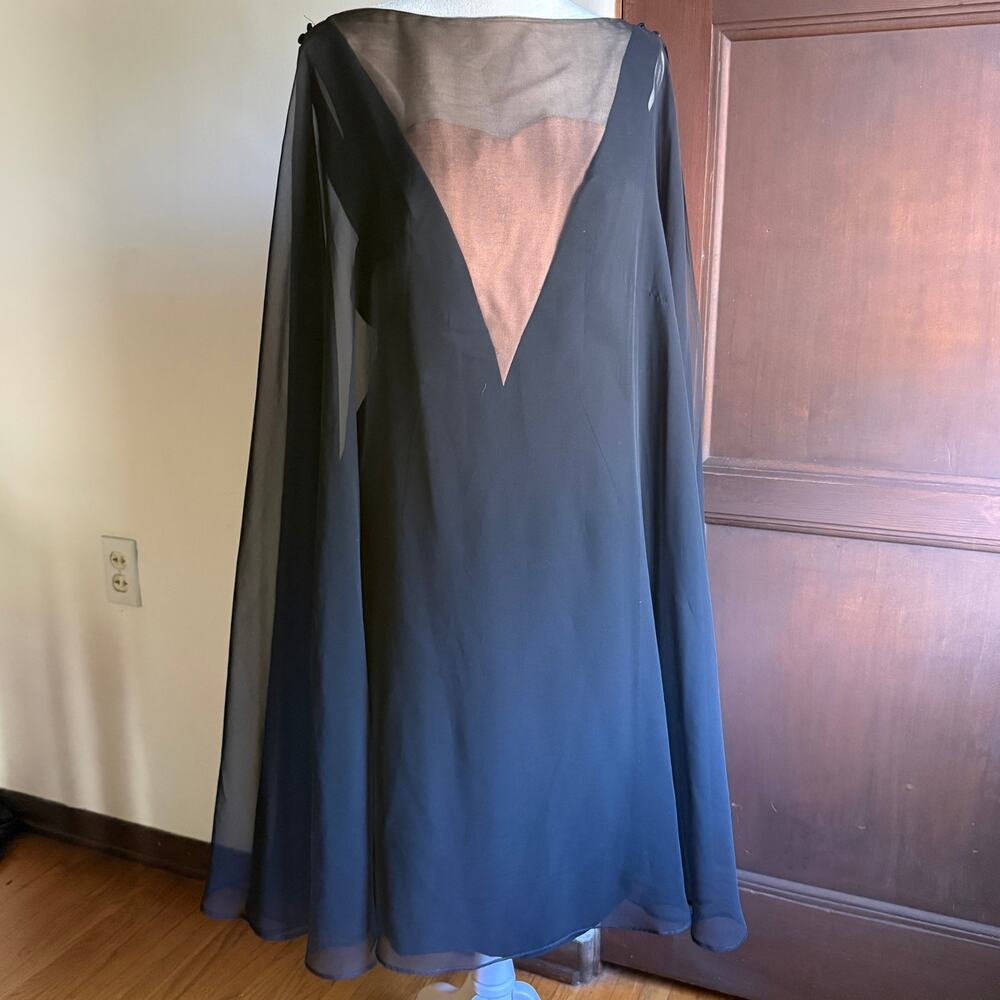 1950s Vintage SYDNEY NORTH Silk Chiffon Illusion V Neckline Cocktail Cape Dress